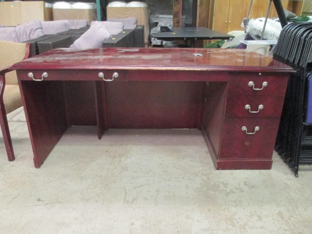 Gunlocke Banded Flame Mahogany Design Executive Desk: 68" x 32" x 29 1/2", knee drawer, three drawers right side(two standard, one file), water marks and scratches, finish wear on edges-see pictures and preview for condition, Local Pickup Only 