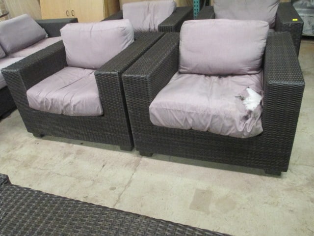 Pair of Woodard Woven Resin Patio Chairs: 40" x 26" x 37 1/2", cushions are very weathered, some loose weaving, See pictures and preview for condition, Local Pickup Only 