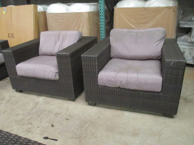 Pair of Woodard Woven Resin Patio Chairs: 40" x 26" x 37 1/2", cushions are very weathered, some loose weaving, See pictures and preview for condition, Local Pickup Only 