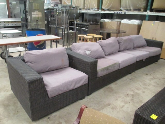 Woodard Woven Resin 3 Piece Woven Resin Sectional: one arm section 38" x 37 1/2" x 26, left arm section and right arm section 63" x 37 1/2" x 26, see pictures and preview for condition, Local Pickup Only 