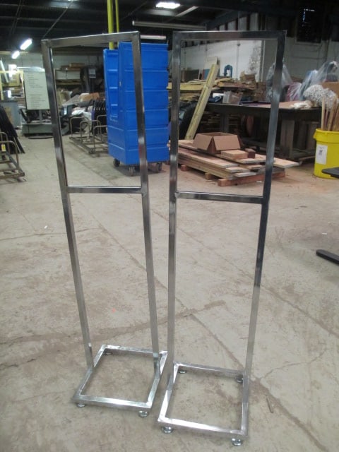 Pair of Chrome Advertisement Message Stands: 14 1/4" x 15" x 59", slide-in frame, Local Pickup Only 