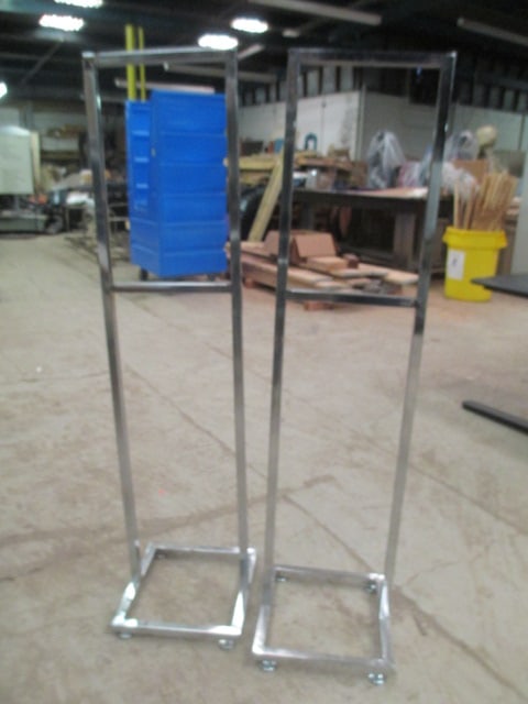 Pair of Chrome Advertisement Message Stands: 14 1/4" x 15" x 59", slide-in frame, Local Pickup Only 