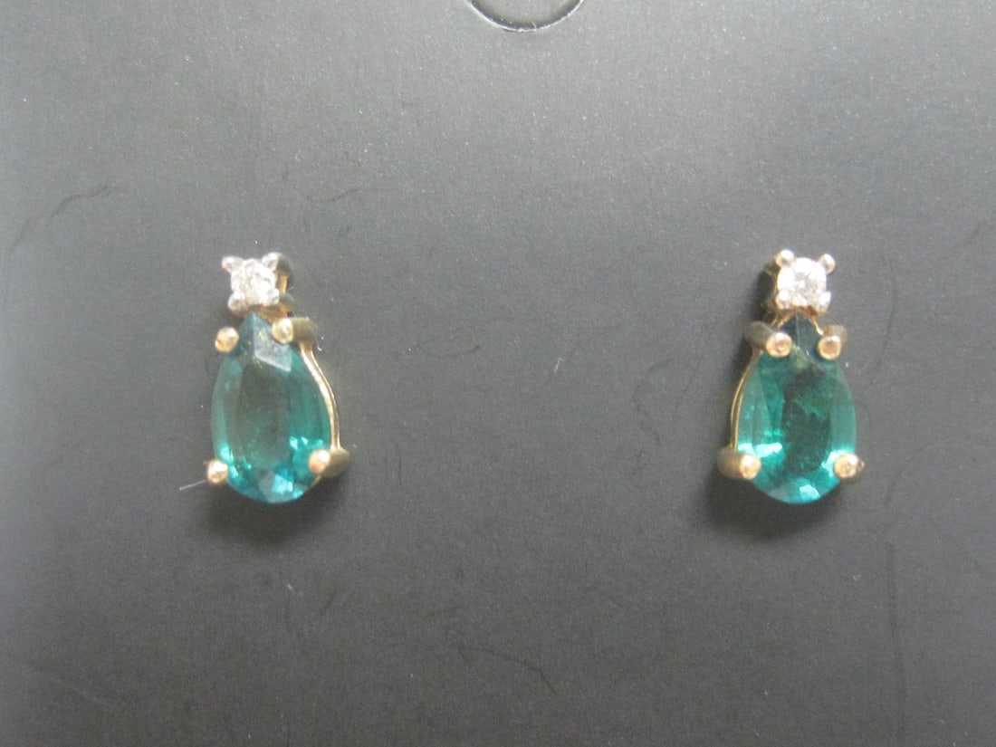 14k Gold Simulated Emerald & Diamond Earrings (1 of 4)