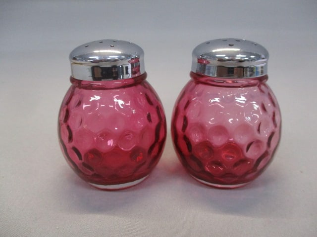 Fenton Cranberry "Dot Optic" Salt & Pepper Shakers: .