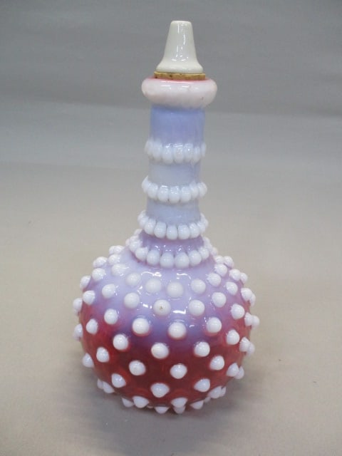 Fenton Cranberry Opalescent Hobnail Barber Bottle: 7.5"