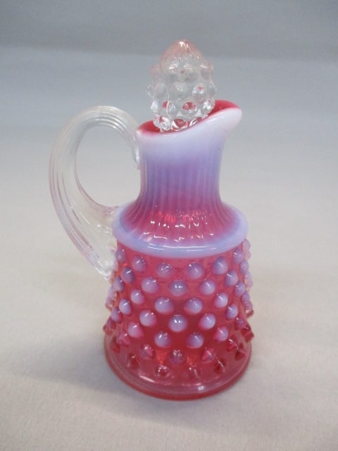 Fenton Cranberry Opalescent Hobnail Glass Cruet w/Stopper: 4.5"