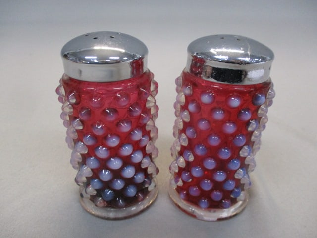Fenton Cranberry Opalescent Hobnail Salt & Pepper Shakers: 5"