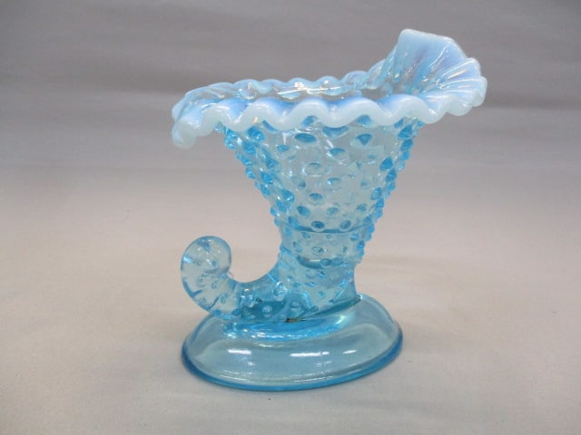 Fenton Blue Opalescent Hobnail Cornucopia Candlestick/Holder: 5" X 5.5"