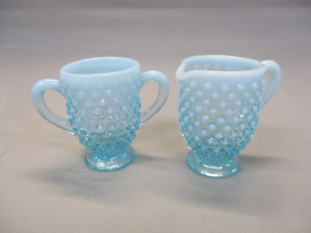 Fenton Blue Opalescent Hobnail Creamer & Open Sugar Bowl: 3.5"
