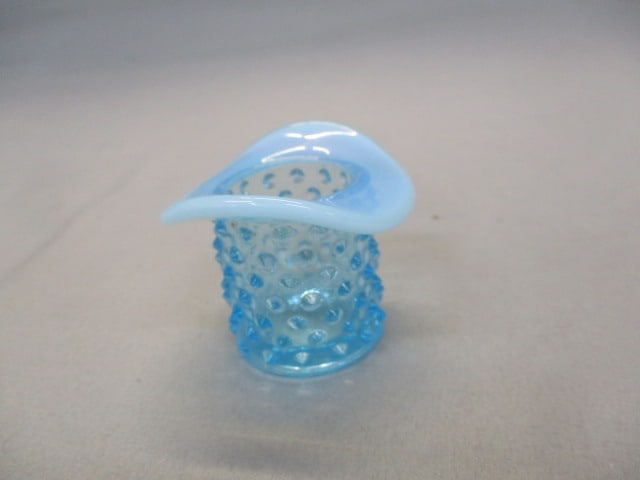 Fenton Blue Opalescent Hobnail Top Hat Toothpick Holder: 1.5"