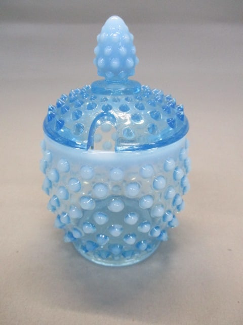 Fenton Blue Opalescent Hobnail Jam Jar/ Condiment Jar: 5"