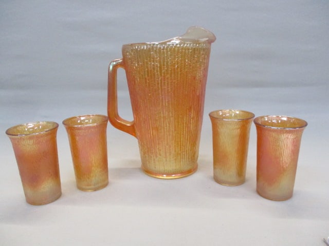 Vintage Marigold Carnival Glass "Tree Bark" Pitcher & 4 Glasses (1 of 9)