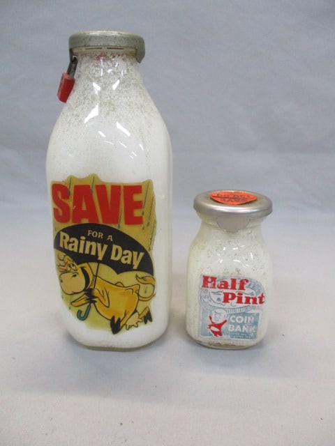 Vintage "Save For A Rainy Day" 1qt Glass Milk Bottle Bank (1 of 7)