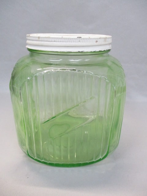 1930's Uranium Glass Ribbed Hoosier Cookie Jar (1 of 7)
