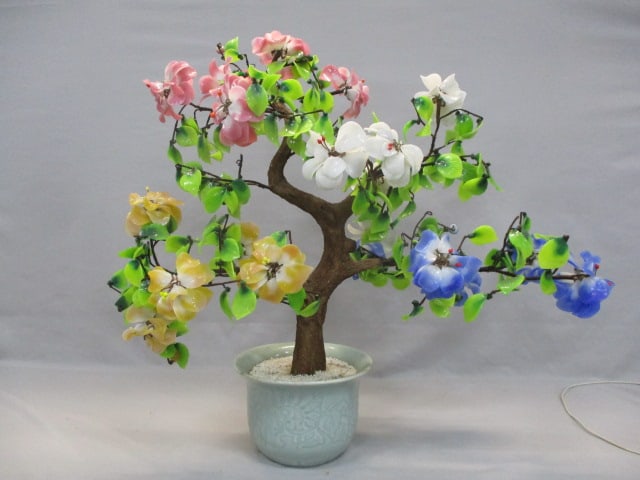 Vintage Chinese Glass Flowering Jade Bonsai Tree in Pot (1 of 7)