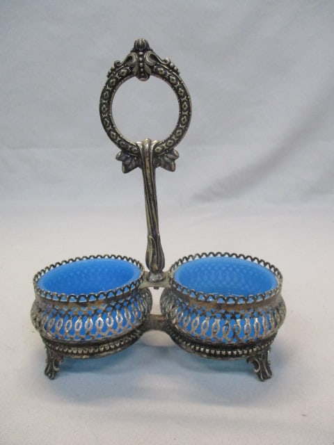 Vintage Silverplate Double Salt Cellar w/ Blue Glass Inserts: .