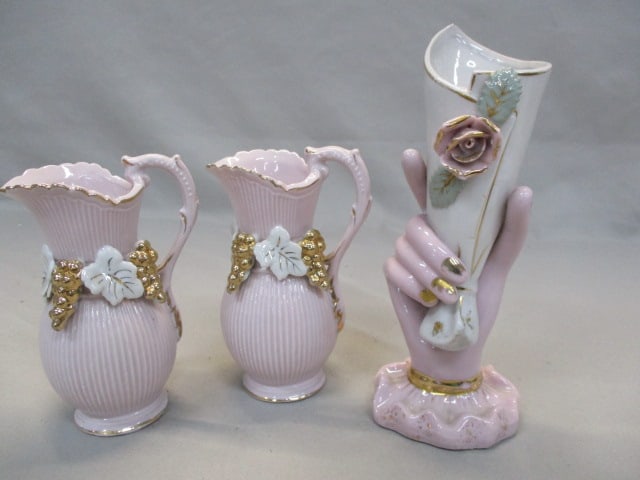 2 Thames Hand Painted Pink Porcelain Pitcher 5.5": Porcelain Hand Holding Vase 7.5"