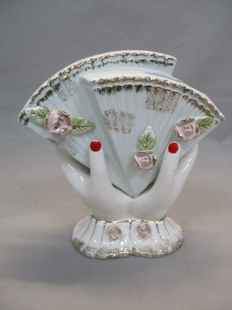 Vintage Porcelain Hand Holding Fan Vase 6.5": .