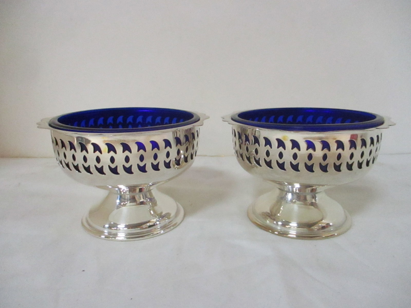 Vintage Pierced Silverplate Candy Dish w/Cobalt Liner (2): 3"