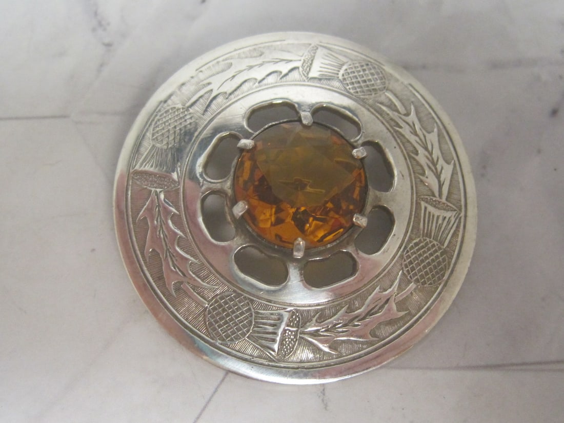Scottish Style Thistle Pin: Topaz color stone, 1 3/4" diameter