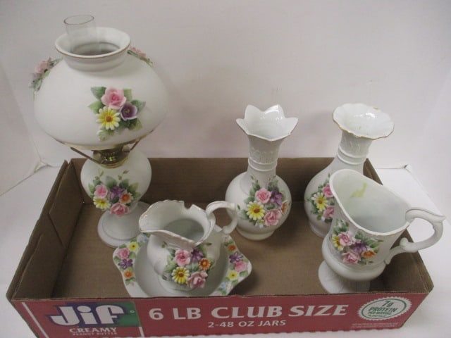 Collection of Vintage Lefton Handpainted Porcelain Pitchers, Vases, and Lamp: 5" to 12 1/2"