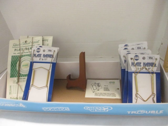 Lot of New Old Stock Plate Hangers and 1 Wood Display Easel: .