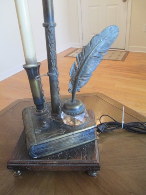 Library Themed Table Lamp with Decorative Inkwell and Quill on Stacked Books - 2