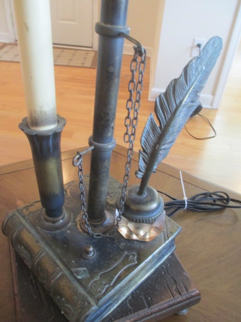 Library Themed Table Lamp with Decorative Inkwell and Quill on Stacked Books - 3