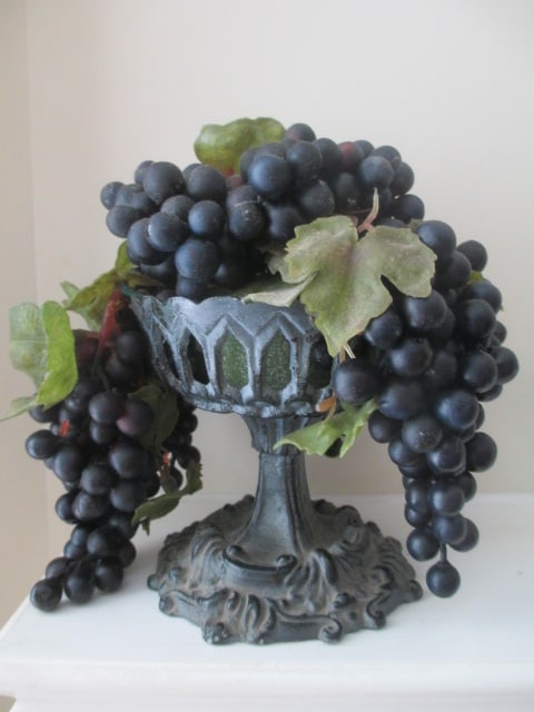 Cefor Cast Metal Pierced Compote with Artificial Grape Cluster: 5 1/2"h
