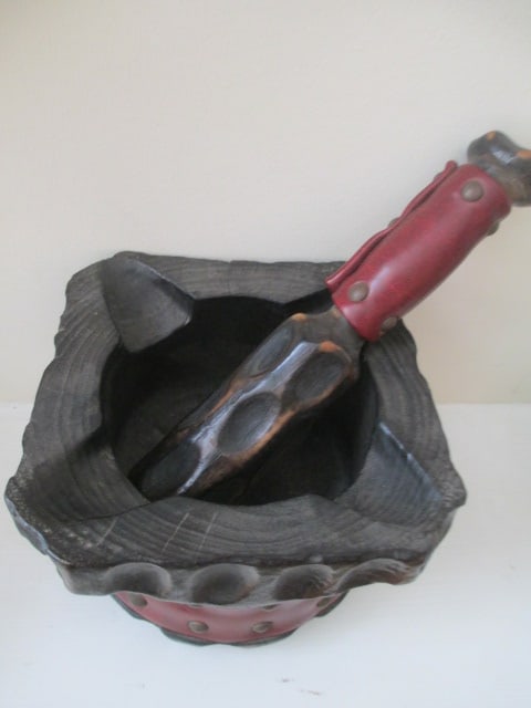 Spanish Carved Wood Mortar and Pestle with Leather Accents - 2
