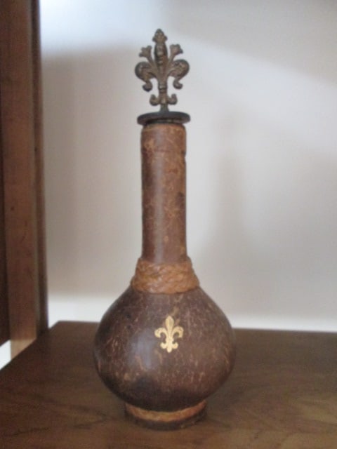 Midcentury Leather Wrapped Stoppered Bottle: 10 1/2"h, impressed Made in Italy