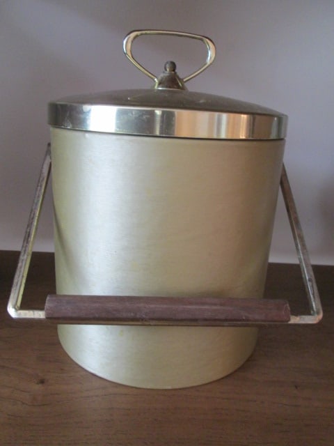 Midcentury Lazar Handcrafted Gold Tone and Wood Ice Bucket: .