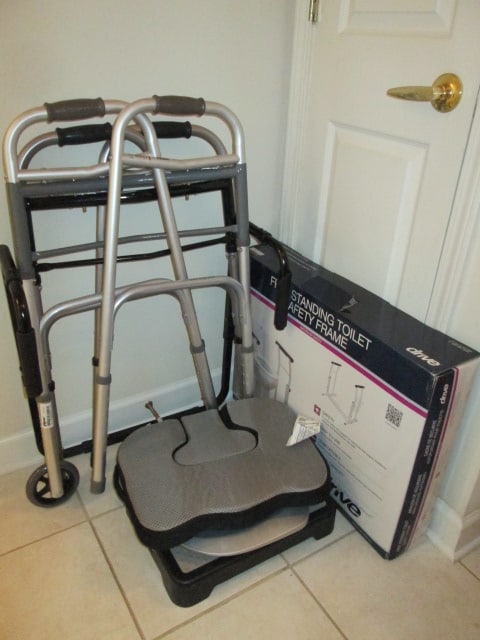 Medical Supplies-Folding Rolling Walker, Folding Walker, New in Box Drive: Free Standing Toilet Safety Frame, Mobility Source Memory Foam Seat Cushion, Low Hard Plastic Step, Taylor Digital Scale and Set of Safety Rails. Local Pickup Only