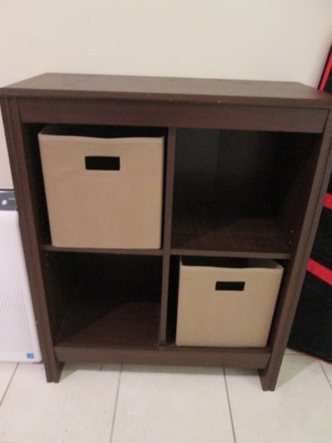 4-Cube Bookcase Organizer with Two Storage Bins: 28 1/2" x 12 3/4" x 34 1/4", few scuffs and finish wear on corners, Local Pickup Only