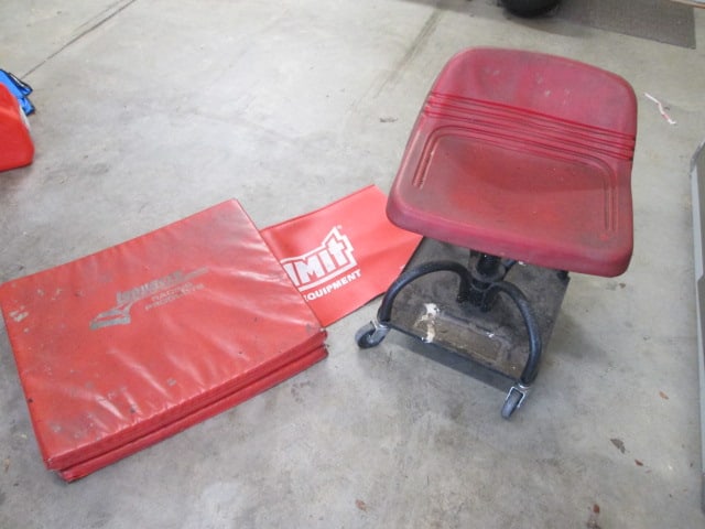 Rolling Mechanic Stool, Summit Automotive Fender Cover and Longacre Folding Work Pad: Local Pickup Only