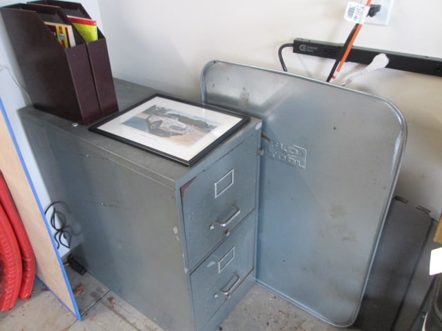 Gunmetal Gray 2 Drawer Metal File Cabinet, Flo Tool Drip Pan and Interlocking Floor Pads: 15" x 28 1/2" x 29 3/4", has lock but No key, includes signed limited edition Bill Stroud "White BJ8" print of watercolor, Local Pickup Only