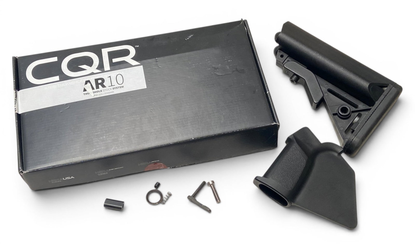 LMT B5 AR Stock with CA Compliant Parts Kit in Box: B5 stock is in excellent condition with signs of use. Comes with CA compliant sharkfin grip, magazine parts for CA compliant gun. Box is empty and just what these items were stored in. See photos