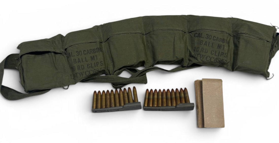 120rds. Of .30 CARBINE on Stripper Clips in Bandolier: Headstamp on ammo is LC67