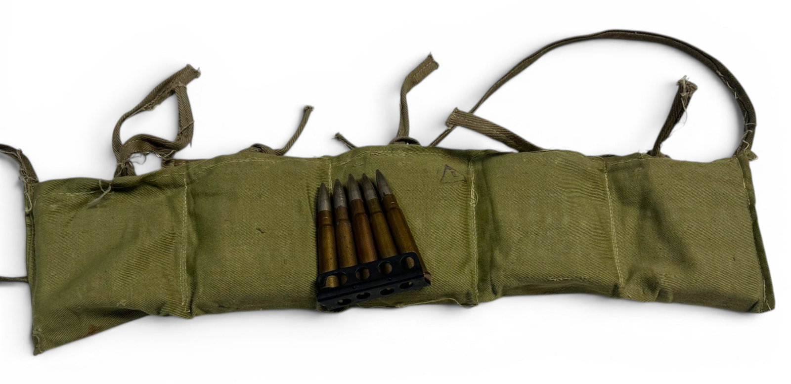 50rds of .303 British Ammunition on Stripper Clips in Bandolier: Military Surplus Ammunition. See Photos for Headstamps. Ammunition Generally Looks Really Good.