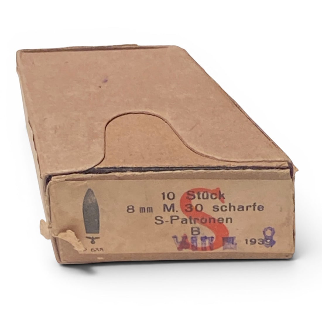 10rds. German WWII Nazi 8x56mmR Steyr M30 S-Patronen 8x56r Ammo - Austrian M95: Manufactured in 1938 by occupied Austria. They have the correct headstamps and markings including their waffenamts and clips. Ammunition and boxes are in excellent condition. Great shooting or
