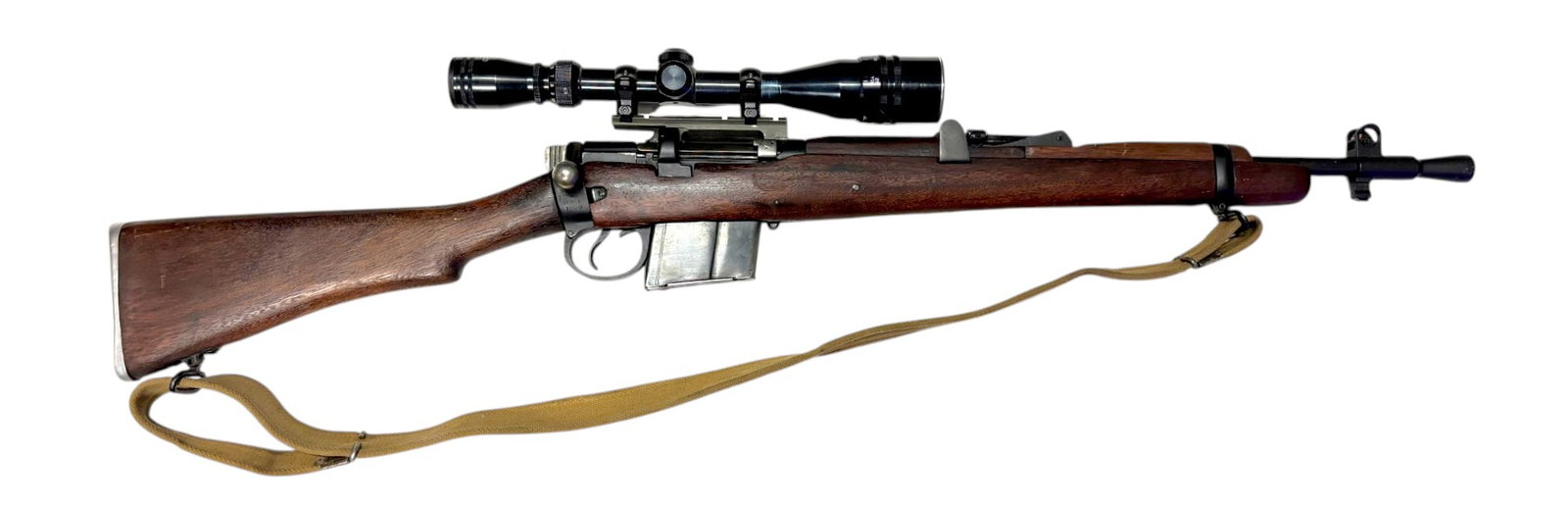 1966 Ishapore 2A1 7.62x51mm Bolt Action Jungle Carbine with Scope: S#: G3906, all matching except for magazine | Mfg. 1966 | 21.5" Barrel | Scope mount is only sporterized part. Looks like gunsmith drilled to mount it | Tasco 4-16x40 scope | Comes with (1) magazine