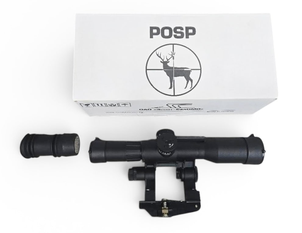 Excellent Quality Belarus POSP 8x42 DU Illuminated Optical Side Mount Scope for SVD & More: High quality POSP Scope from Belarus that comes in original box. Has a universal rail for mounting on the Tiger, Vepr, Saiga, SVD, PSL 54c, ROMAK 3, and more. Nice two-color (red and green) illuminati