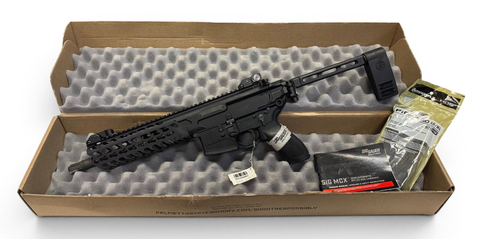 NIB Sig Sauer MCX Spear-LT .300 AAC BLACKOUT Semi-Automatic 9” Pistol: S#: 63C000482 | 9” Barrel | Equipped with both a flip-up rear and front sight | QD Sling attachment at the rear, and ambi controls | Comes with a new in box factory folding Sig Pistol Brace | Su