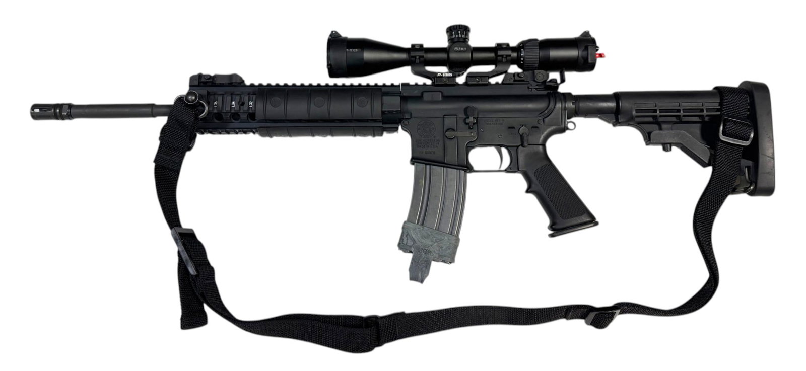 Excellent Smith & Wesson M&P 15T 5.56mm Tactical AR15 Semi-Automatic Rifle with Scope and Sling: S#: SW50872 | 16" Barrel | These M&PTs were released at the 2006 Shot Show and have came somewhat collectible since. The "T" Stands for Tactical with the factory 10" Military & Police Quad Rail with