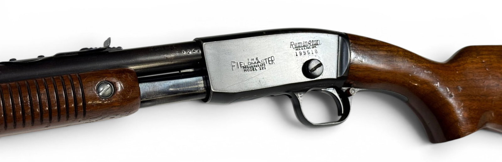 Excellent 1953 Remington Model 121 The Fieldmaster .22 S-L-LR Pump Action Takedown Rifle: S#: 199518 | 24.5" Barrel | Date Code = ZZ|||| CONDITION: Excellent. 90% Original Blued Finish with some edge wear. Wood stock is in very good and solid condition with signs of use and handling