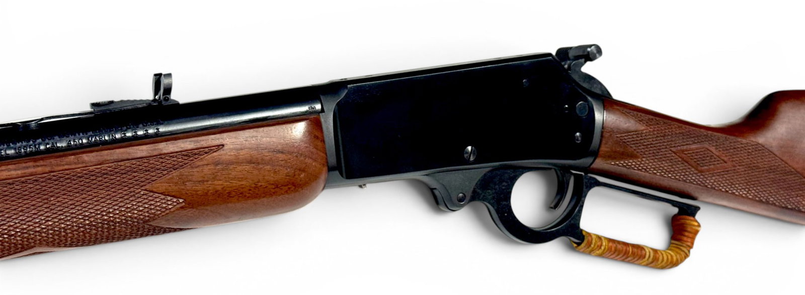Excellent Marlin Model 1895M .450 MARLIN Lever Action "JM" Stamped Rifle: S#: 94000799 | Mfg. 2000-2010 | 18.5" JM Stamped Barrel | Extended Hammer with Cross Bolt Safety |||| CONDITION: Excellent, Like new. 100% Original bluie finish. Wood stock is in excellent and solid