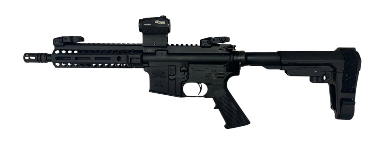 Excellent 2016 PSA Model PA-15 5.56mm Semi-Automatic 8.5" AR Pistol with Sig Sauer Red Dot: S#: PI028698 (PI serial numbers were introduced in 2016) | 8.5" Barrel | Comes with SPA3 tactical pistol brace | Ruger front and rear flip-up sights | Sig Sauer Romeo5 Red Dot Optic |||| CONDITION: Ex