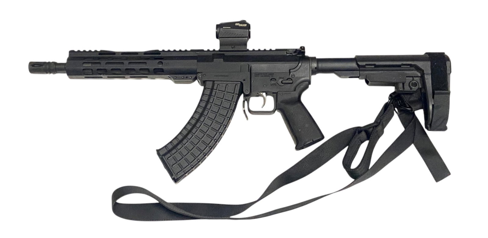 Excellent PSA Model KS-47G2 7.62x39mm Semi-Automatic 10" AR Pistol with Sig Sauer Red Dot & Sling: S#: KSG2000182 | 10" Barrel | Comes with SBA3 tactical pistol brace | Comes with (1) 30rd. Magazine | Features Magpul furniture, Magpul MS4 sling, Sig Sauer Romeo5 Red Dot Optic |||| CONDITION: Excell