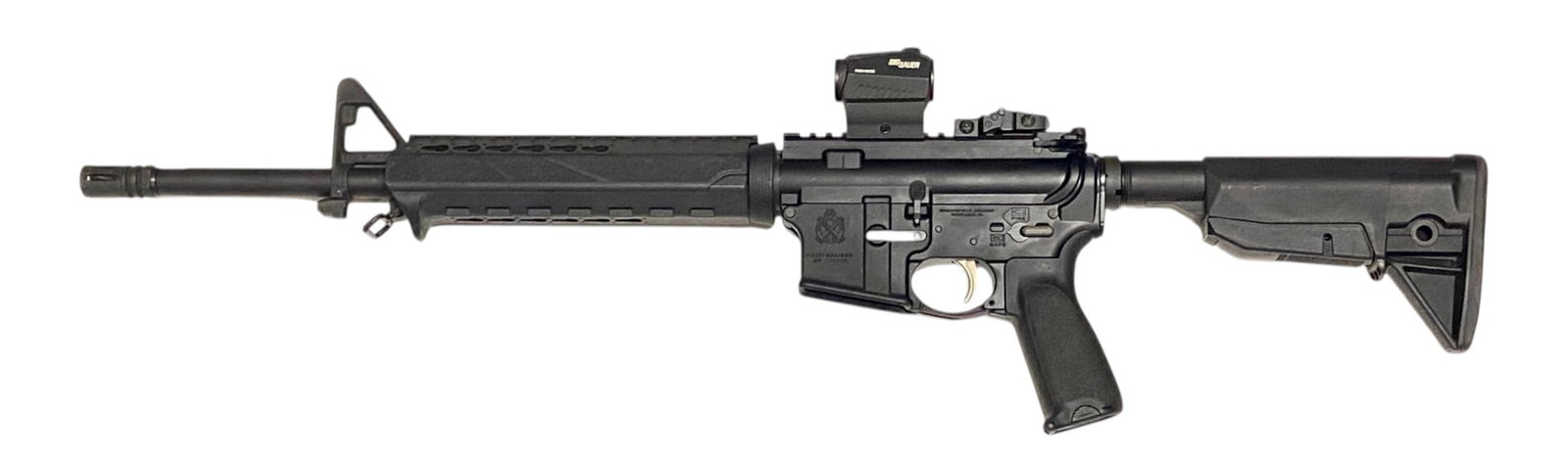 Excellent Springfield Armory SAINT M-LOK 5.56mm Semi-Automatic AR-15 Rifle w/ Sig Sauer Red Dot: S#: ST108960 | 16" Barrel | Comes with BCM furniture | Sig Sauer Romeo5 Red Dot Optic| Springfield-marked flip-up rear sight and triangular post front sight | The Springfield saint has many features f