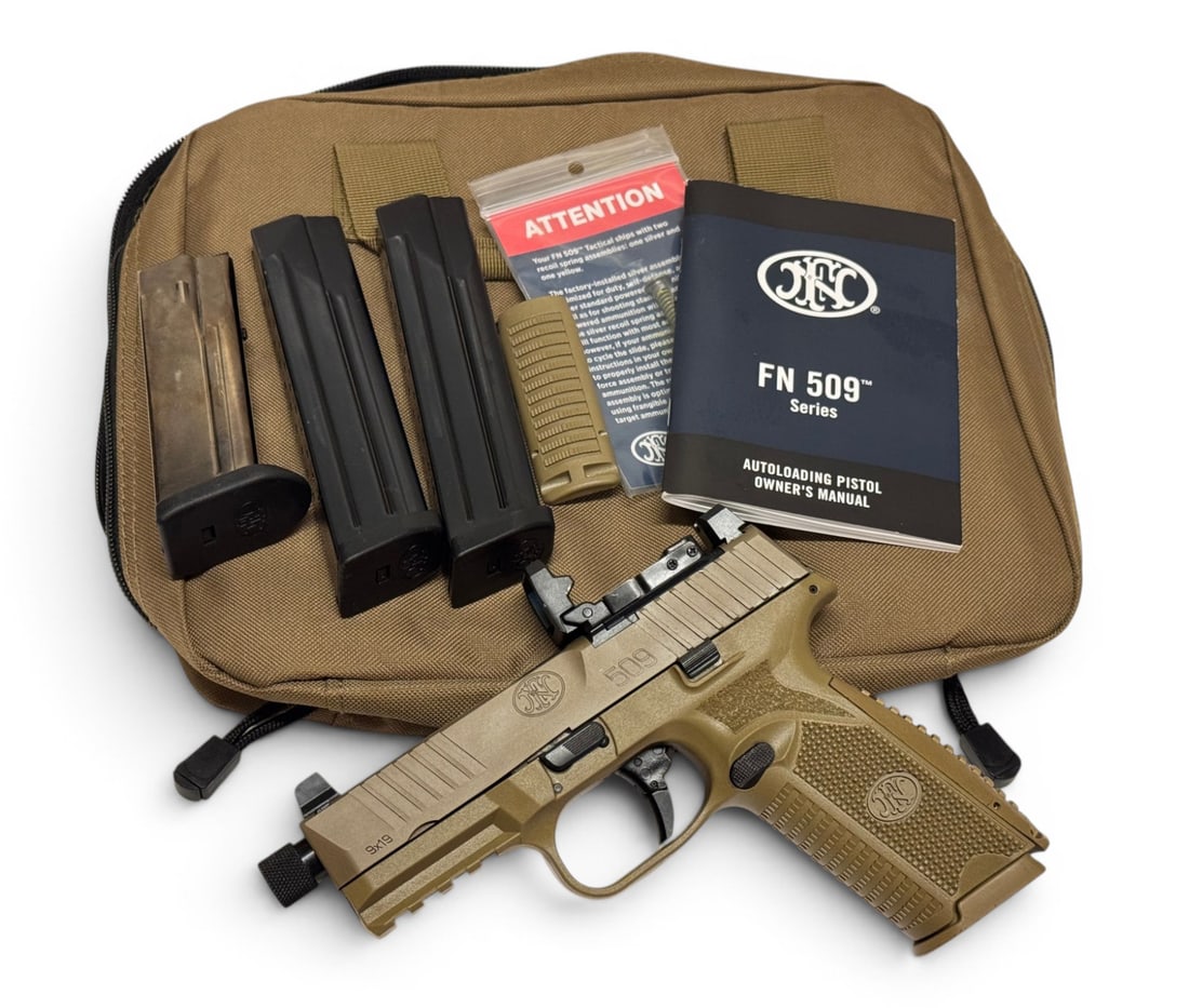 Excellent FN 509 9mm FDE Semi-Automatic Pistol with VSM Collapsing Optic and Threaded Barrel: S#: GKS0049271 | 3-7/8" Threaded Barrel | Comes with (4) factory magazines - (2) 17rd. and (2) 24rd. | VSM collapsing Red Dot sight. Has nice push-button flip-up, quick-targeting feature | Pistol reta
